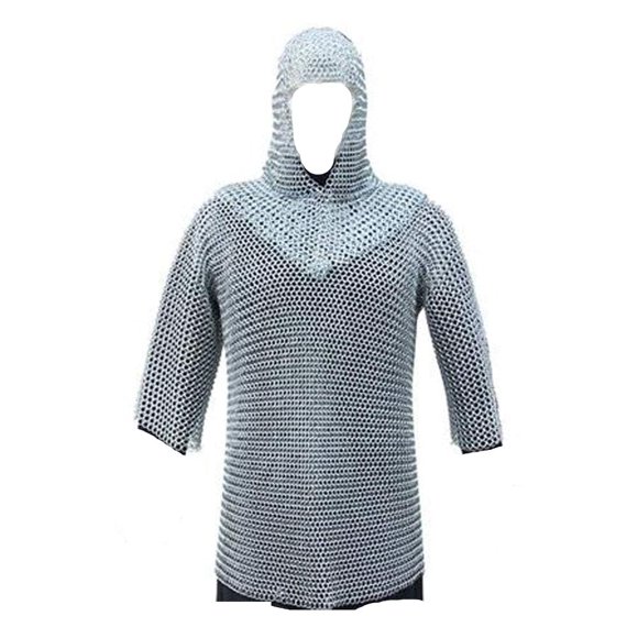 Camisa de cota de malla medieval y conjunto de armadura con cofia (acabado plateado)