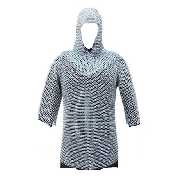 Camisa de cota de malla medieval y conjunto de armadura con cofia (acabado plateado)