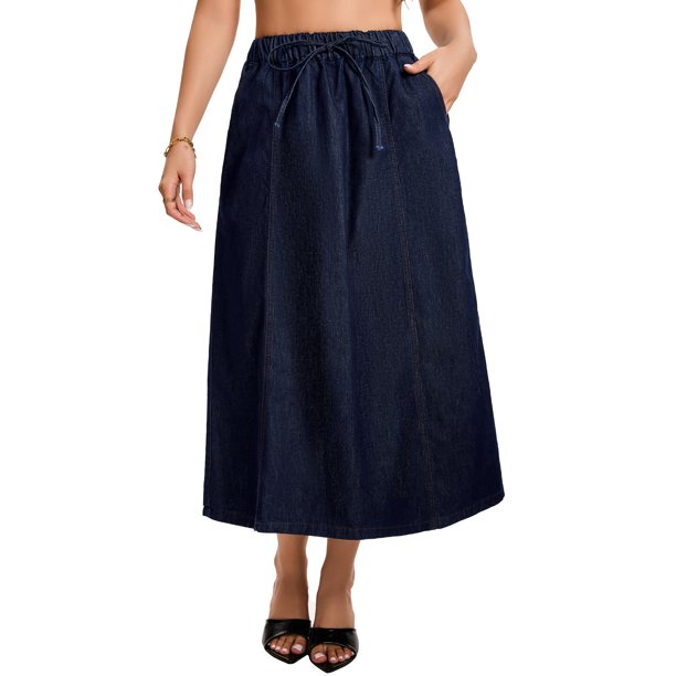 INSPIRE CHIC Falda de Jean para Mujer Cintura Elástica Casual Línea A Maxi Faldas de Mezclilla con Bolsillos 2XL Azul Oscuro