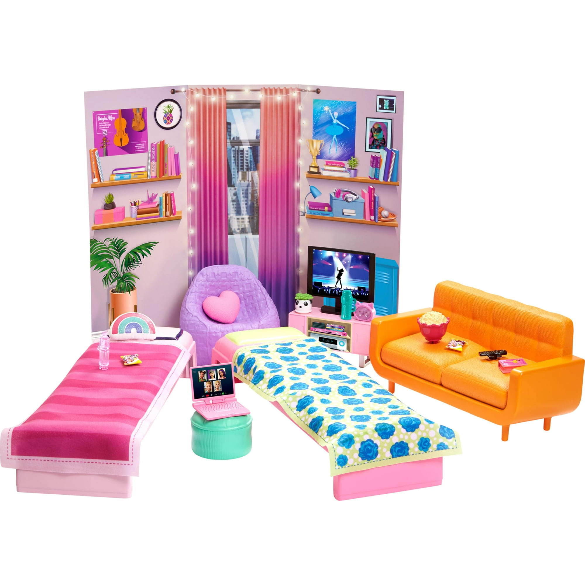 Barbie: Big City, Big Dreams Dorm Room Playset Con 2 Camas, Sofá, Silla De Bolsa De Frijol Barbie Barbie