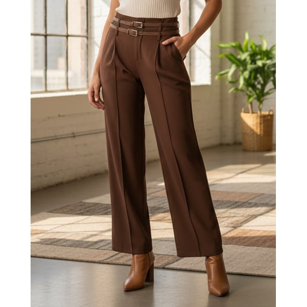 Pantalón Palazzo Mujer Vestir Tiro Alto con Dos Cinturones - OL416