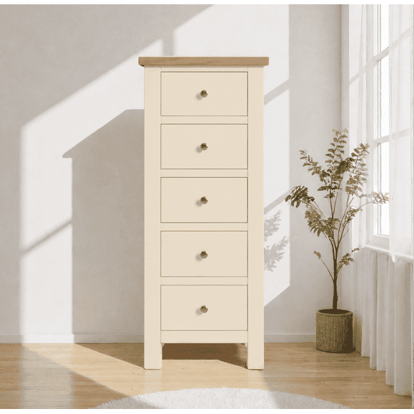 Cómoda "Kull" Minimalista 5 Cajones Mueble de Madera Slim - Beige - 55x40x120 cm