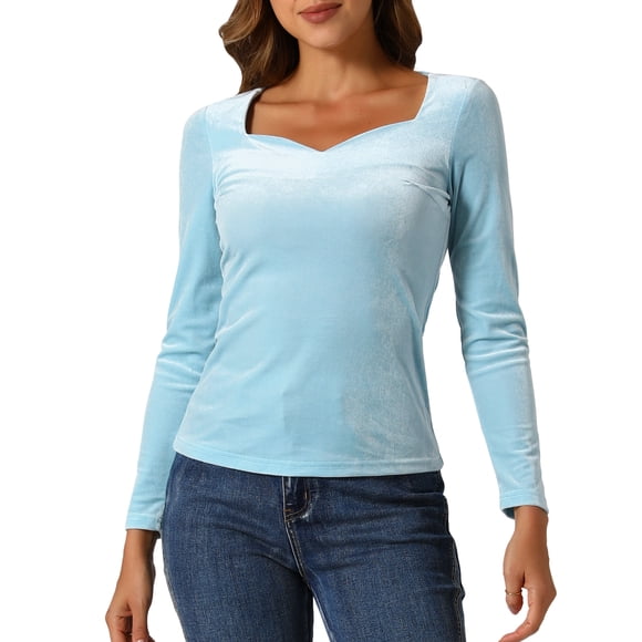 INSPIRE CHIC Tops de terciopelo para mujer con cuello de corazón elegante y mangas largas T-Shirt S Azul claro