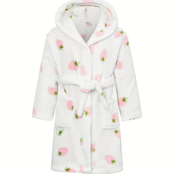 Girls Hooded Bathrobe Strawberry Pattern Flannel Soft Warm Pockets Belt Robe Pyjamas Sleepwear Kids Spring Clothes