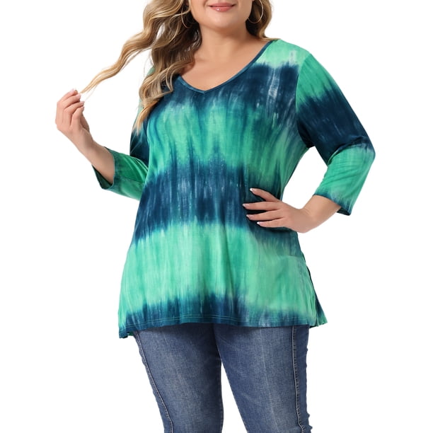 Agnes Orinda Blusas Casuales de Talla Grande para Mujer con Rayas Tie Dye, Cuello en V y Mangas 3/4, Talla L, Verde Tie Dye