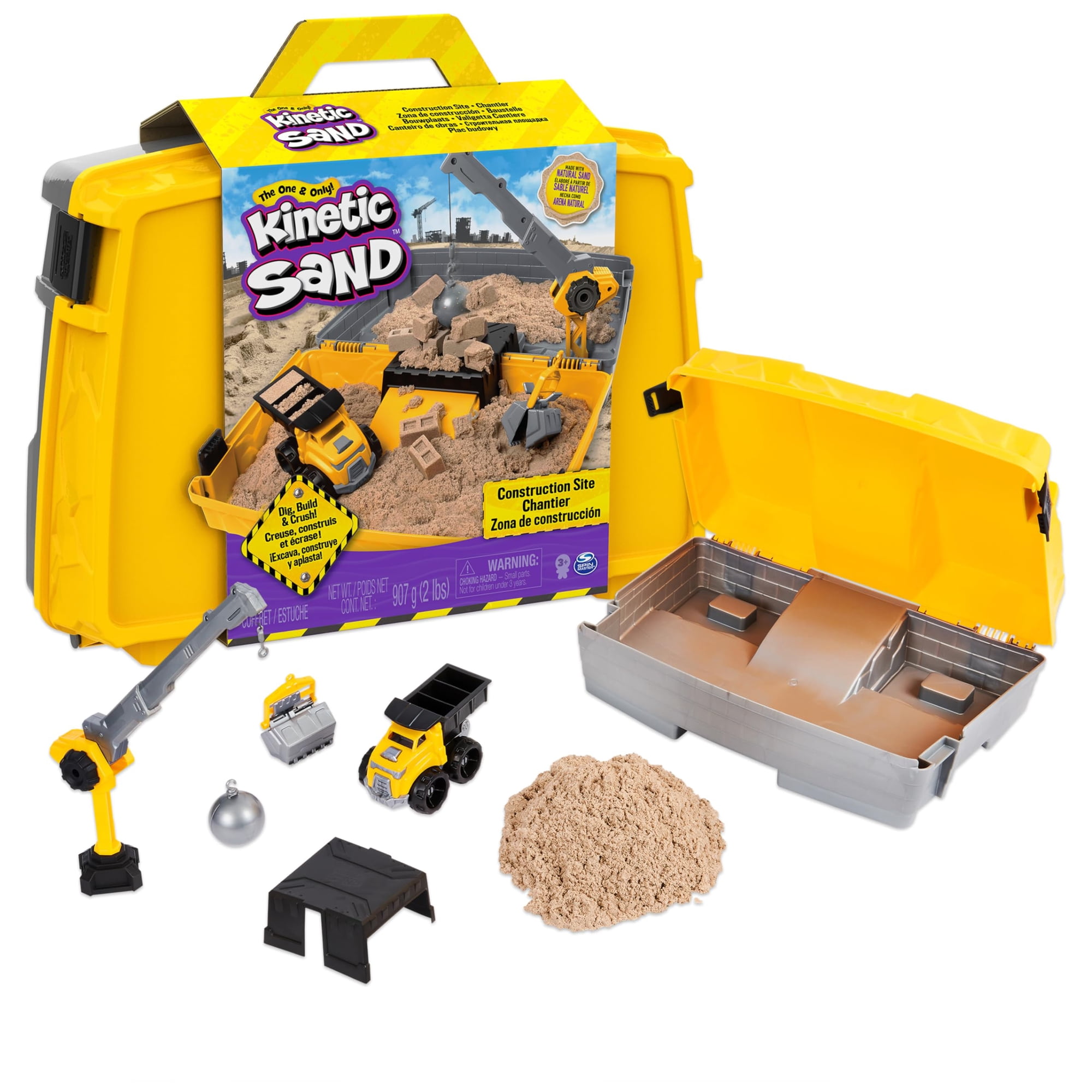 Kinetic Sand - Caja De Arena Plegable Para Obras De Construcción, Arena Cinética, 1 Kg Con Juguete