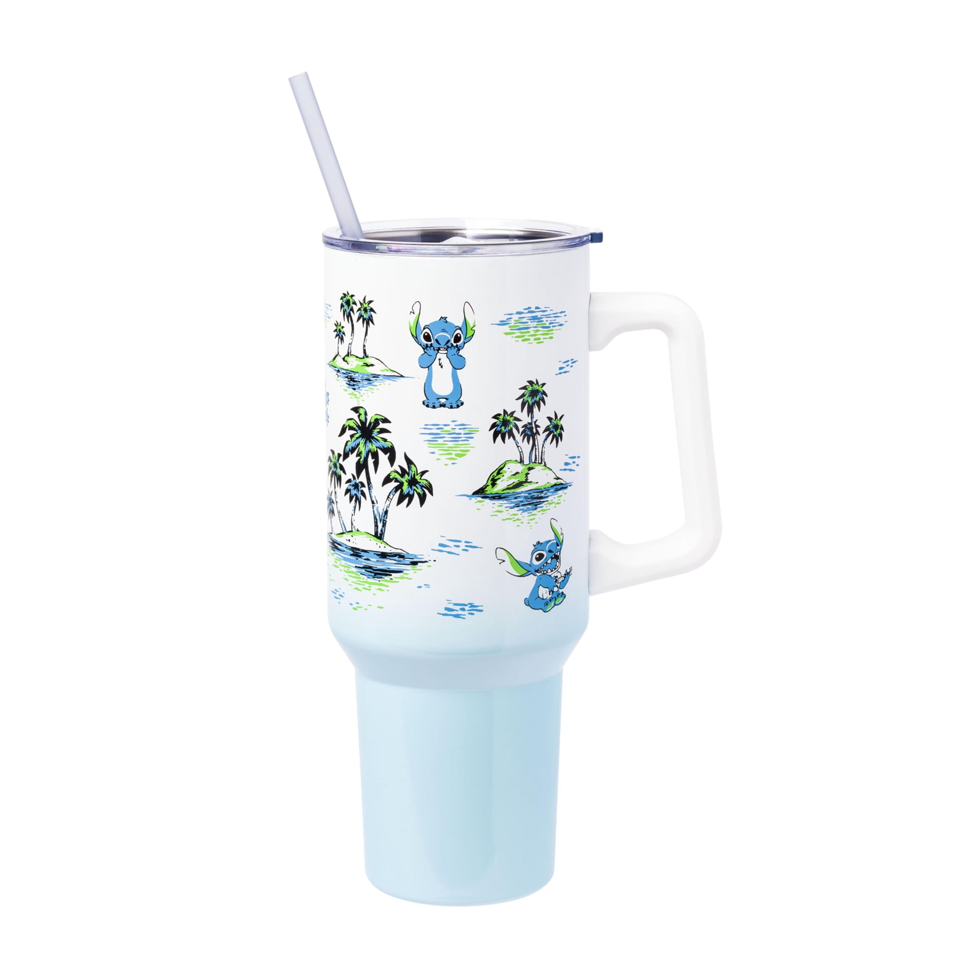 Vaso De Acero Inoxidable Silver Buffalo Disney Lilo And Stitch, Diseño Vintage De Palmeras Y Flores, Con Asa Y Pajita, Cabe En Un Portavasos Estándar, 40 Onzas
