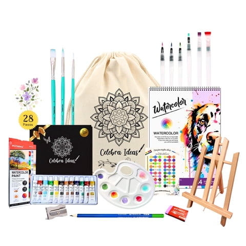 Celebra Ideas - Set Kit De Arte Pinturas Acuarelas Con Atril Y Croquera 28 Pcs
