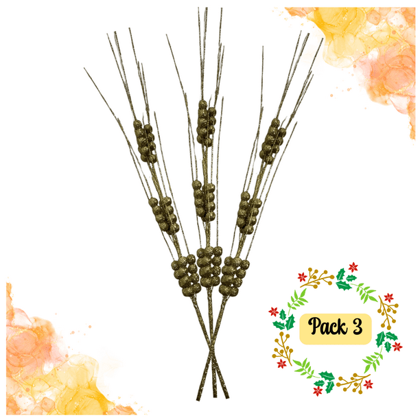 Pack 3 Ramas De Navidad Bayas Con Tallo De Acebo Navideño 65 cm