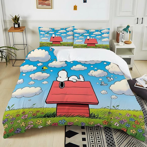 Skin-friendly duvet cover pillowcase, Snoopy cute bedding set, cartoon print boy and girl home single double bed 2/3pcs