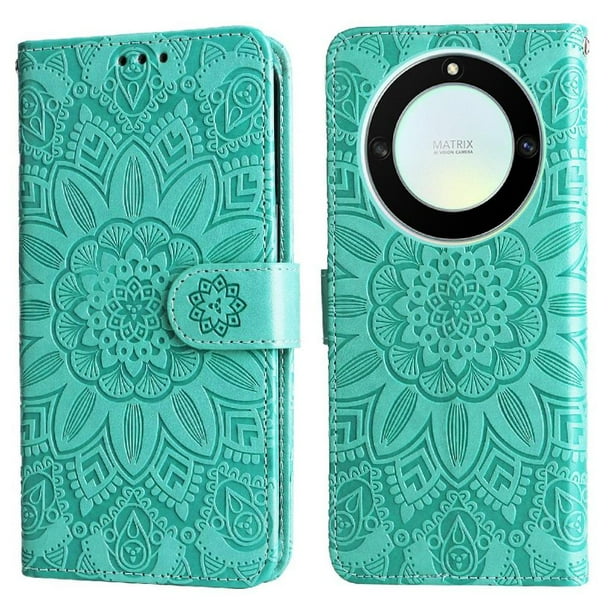 Funda tipo cartera FOXDOCK para Honor Magic 5 Lite , diseño girasol en relieve, cuero PU, cierre magnético, soporte y tarjetero
