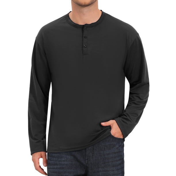 INSPIRE CHIC Camisetas Henley de Manga Larga para Hombre con Botones, Camisa Casual de Negocios XL Negro