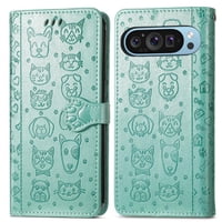 Funda Cartera Foxdock Para Google Pixel 9 Pro Xl , Flip Pu Con Relieve De Gatos Y Perros, Tarjetero Y Soporte