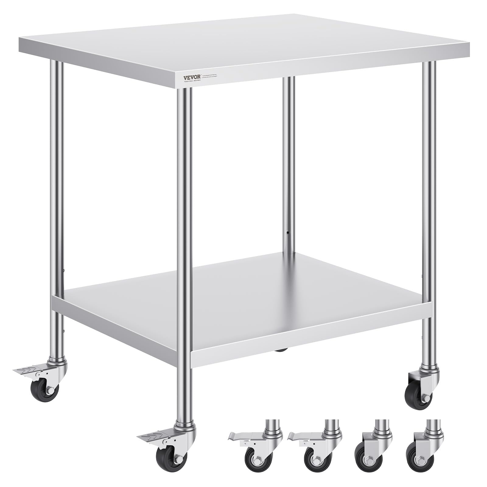 Mesa De Trabajo Vevor De Acero Inoxidable De 76 X 91 X 97 Cm Con 4 Ruedas