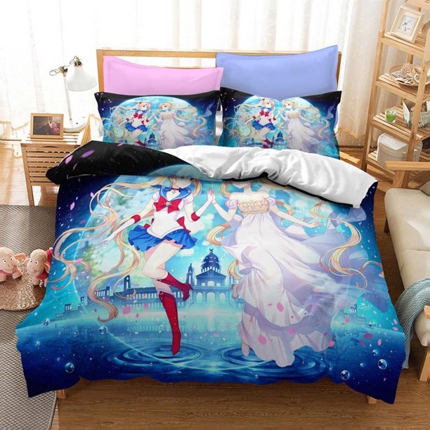 Sailor Moon Cartoon Girls Quilt Duvet Cover Set Doona Cover Kids3-Piece Bedding Set