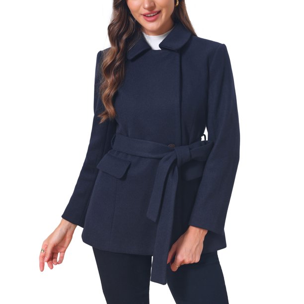 INSPIRE CHIC Abrigo Corto de Mujer para Invierno con Cuello Peter Pan, Doble Botonadura, Cinturón, Chaqueta Ajustada para Trabajo, Exterior M Azul Marino