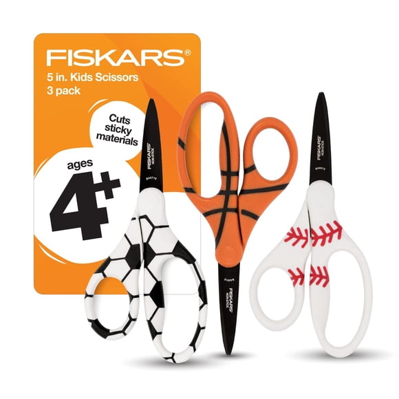 Tijeras Fiskars de 5" para niños de 4 a 7 años, hojas antiadherentes, paquete de 3