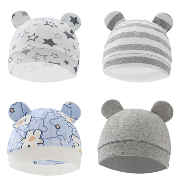 Get Your Hands on 4pcs of Adorable Cartoon Printed Hats for Your Newborn Baby Boy or Girl!