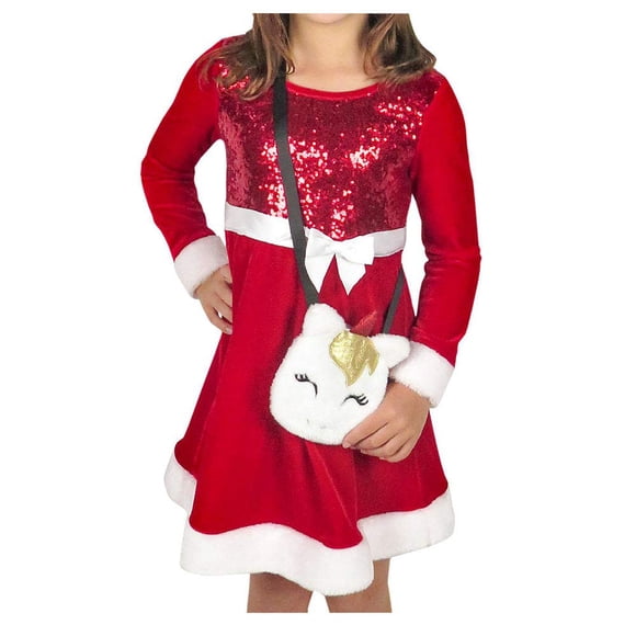 Vestido de Santa de Terciopelo Rosa y Violeta con Bolsa para Niña 3T