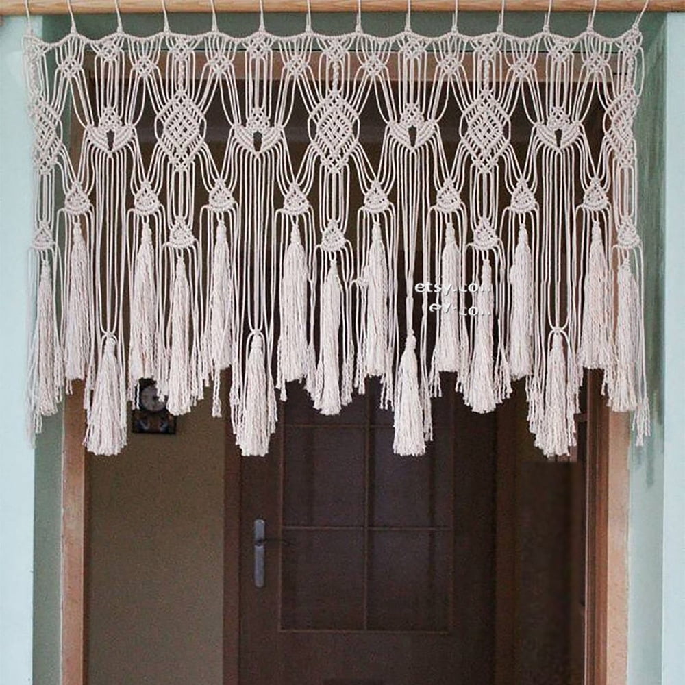 Xusx111 - Cortinas De Macrame Valance Con Perla Para La Cocina Ventana Boho Cortinas Cortas De Puerta Valance Tratamientos Colgantes De Pared Por Encima De La Cama Decoración Para Dormitorio Sala De E
