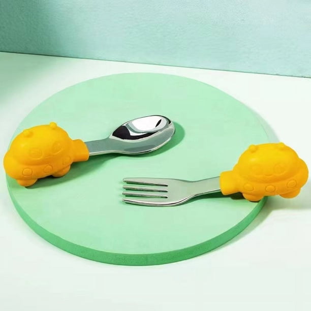 Make Mealtime Fun and Easy with our 2 Set Baby Toddler Silicone Stainless Steel Spoon Fork Set in a Cute and Gender-Neutral Style, Perfect for Feeding and Cutlery Training, Comes with a Useful Case!