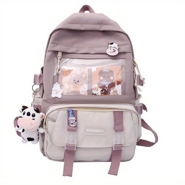 Get Ready for School with Our Kawaii Colorblock Backpack - Cute Cartoon Nylon Bookbag with Clear Front Pocket