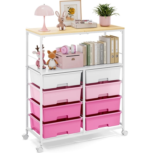 Carrito organizador APEXCHASER de 8 cajones con cubierta de madera, rosa