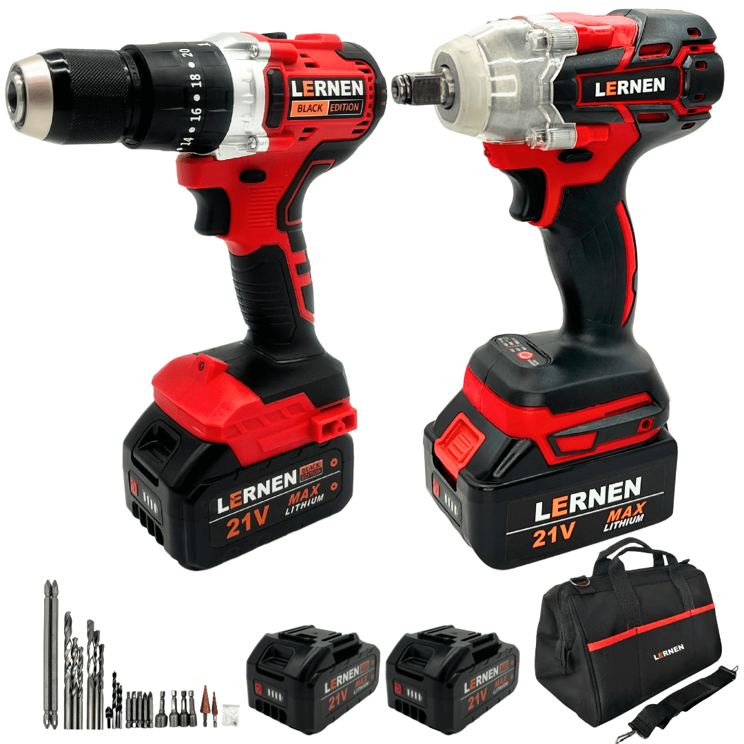Kit Taladro + Llave De Impacto Brushless Lernen + 2 Baterías Color Rojo