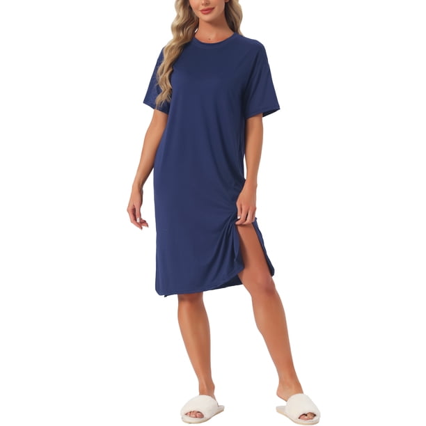 Camisón Midi de Manga Corta para Mujer INSPIRE CHIC con Abertura Lateral Casual Vestido de Descanso Talla 2XL Azul