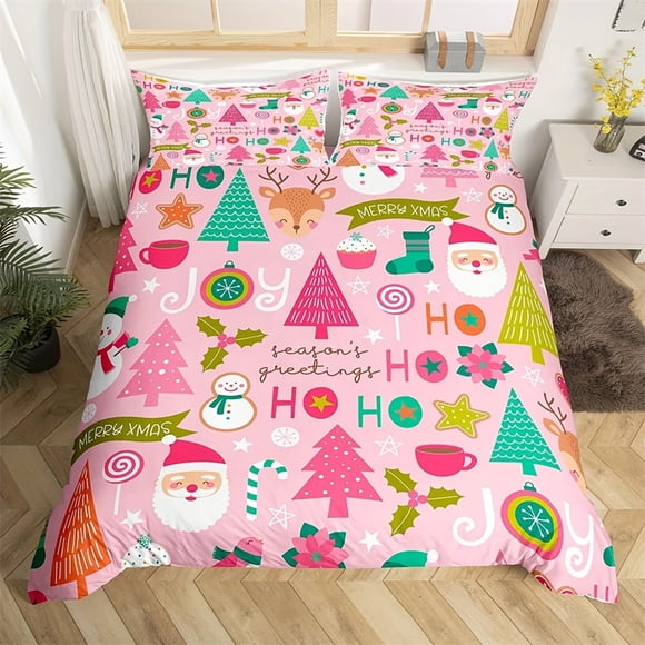 Festive Christmas Duvet Cover Set 2/3pcs Soft & Breathable Purple with Santa Reindeer and Snowflakes Bedroom or Dorm Decor