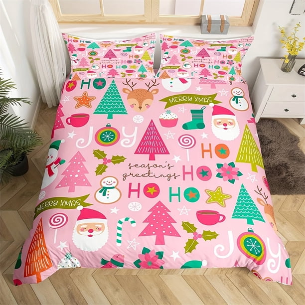 Festive Christmas Duvet Cover Set 2/3pcs Soft & Breathable Purple with Santa Reindeer and Snowflakes Bedroom or Dorm Decor