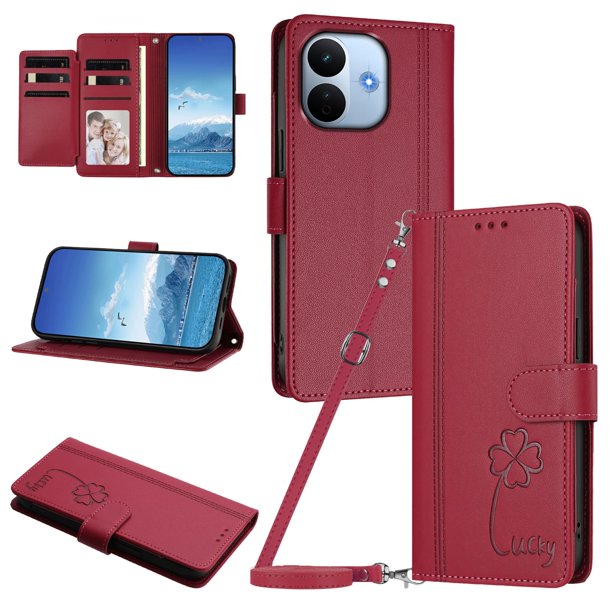 Funda Cartera Trébol para Xiaomi Redmi Note 17 Pro Plus 5G con Ranuras Tarjetas y Carga Inalámbrica Rojo