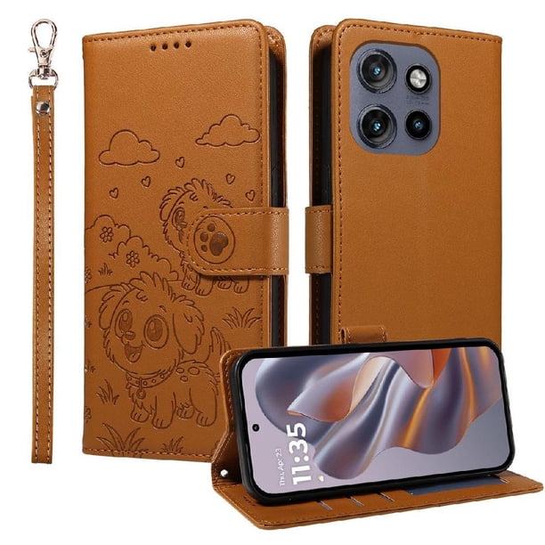 Funda Cartera para Motorola Edge 50 Neo 5G Perro Cachorro Grabado con Tarjetas Soporte Correa Marrón