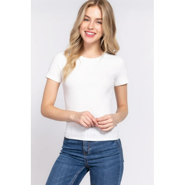 Saronite Top Básico de Algodón Acanalado, de Manga Corta y Cuello Redondo, Color Blanco Roto (para Mujer)