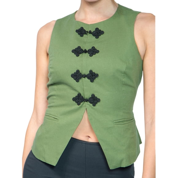 Jess por Meiko Chaleco sin mangas recortado con botones de línea larga para mujer Verde militar S
