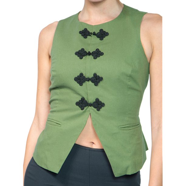Jess por Meiko Chaleco sin mangas recortado con botones de línea larga para mujer Verde militar S