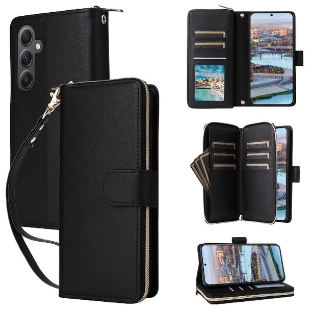 Funda Cartera con Cremallera y Correa para Samsung Galaxy A34 Soporte y Tarjetero Negro
