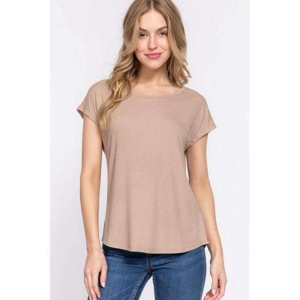Saronite Camisa Básica de Manga Corta Estilo Dolman de Punto Acanalado de Rayón, Color Caqui (para Mujer)