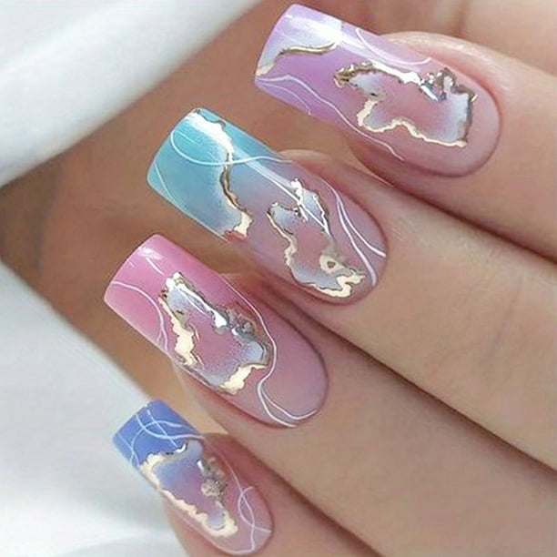 24pcs Glossy Full Cover Marble Print French Press On Nails with White Line Golden Foil Design - Medium Square Acrylic Nails for Women and Girls