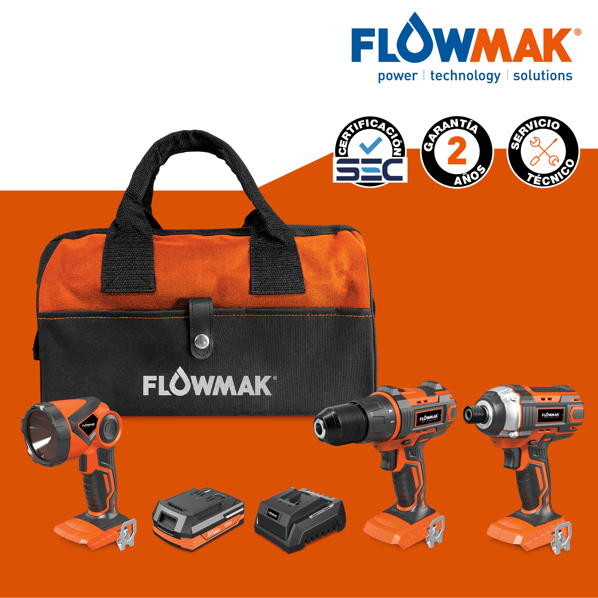 Flowmak - Kit Taladro 13mm Atornillador Y Linterna 18v