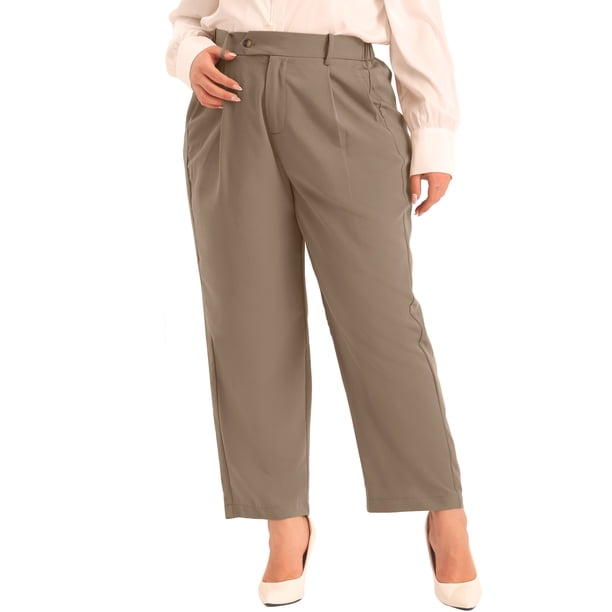 Agnes Orinda Pantalones Casuales de Negocios Rectos de Talla Grande para Mujer con Bolsillo 5X Marrón, de Talla Grande, para Escuela, Universidad, Trabajo, Oficina, de Cintura Alta y Plisados