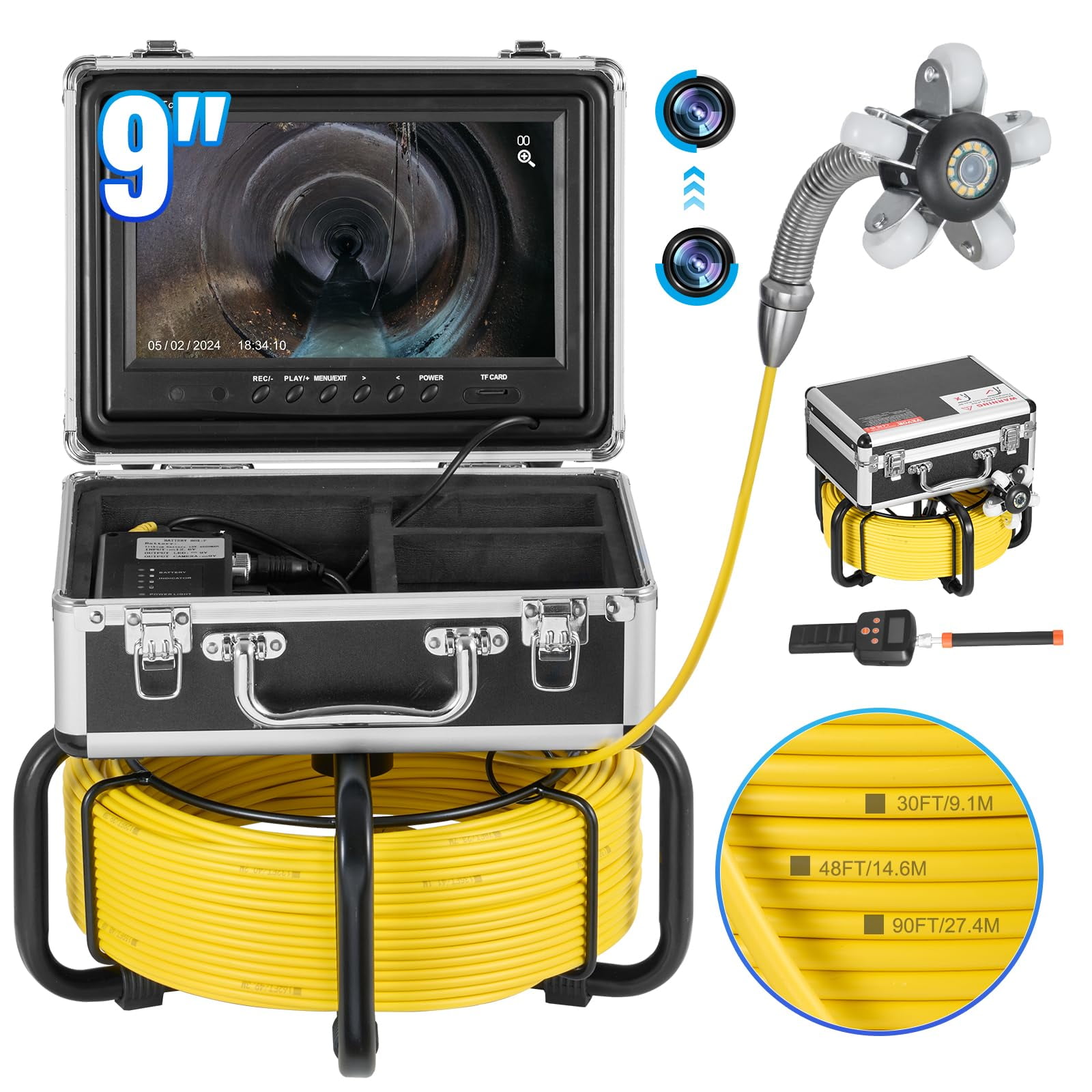 Cámara De Alcantarillado Vevor Con Localizador De 512 Hz, Cable De 30 M, Pantalla De 9 Pulgadas