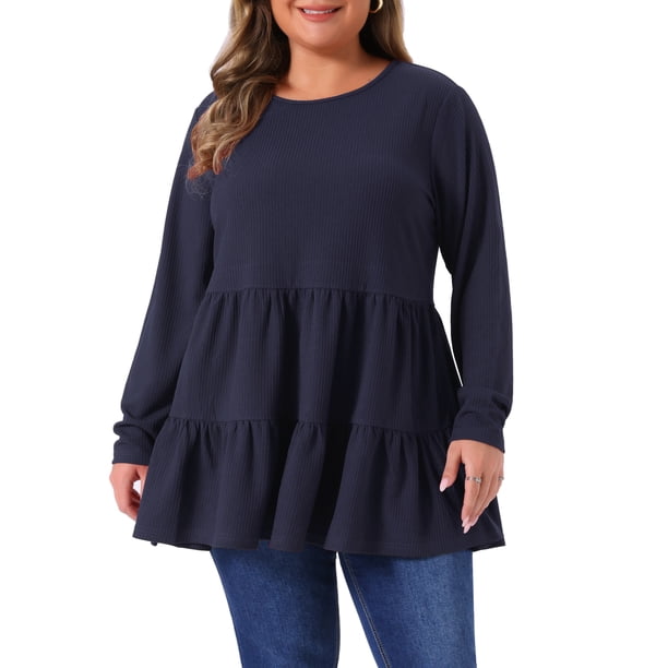 Agnes Orinda Trajes de Halloween para Mujeres Tallas Grandes Tops Babydoll de Escuela Colegio de Manga Larga Cuello Redondo Casual Suelto Blusas Peplum Túnicas 3X Azul Marino