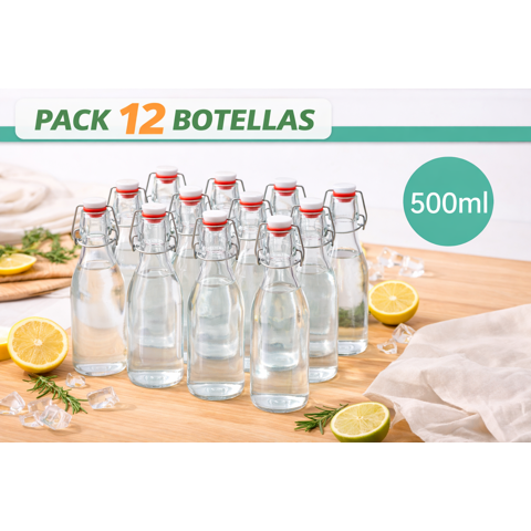 Baima - Pack 12 Botellas De Vidrio 500 Ml Con Tapa Hermética Tipo Clip