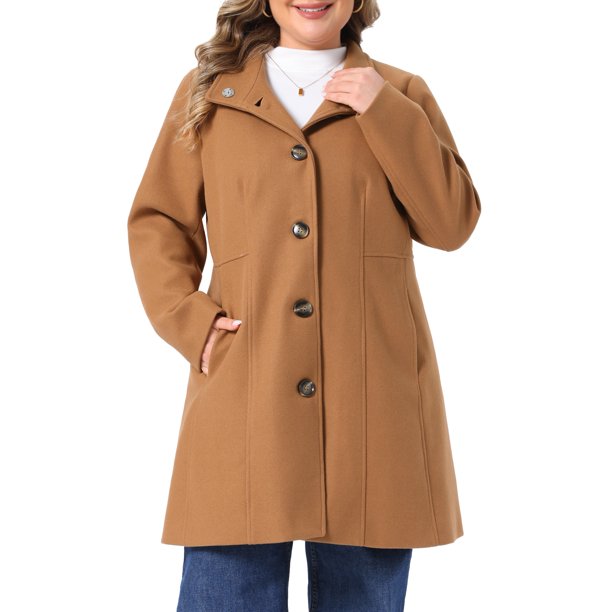 Abrigo de guisante con cuello alto para mujer de talla grande Agnes Orinda, abotonado, de longitud media, línea A, con bolsillos laterales, 3X Camel