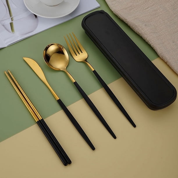 5pcs/set, Cutlery, Coffee Spoon, Salad Fork, Steak Knife, Milk Spoon, Salad Fork, Meal Knife, Portable Chopsticks, Washable Dessert Spoon, Stainless Steel Flatware With Storage Box, Tableware For Rest