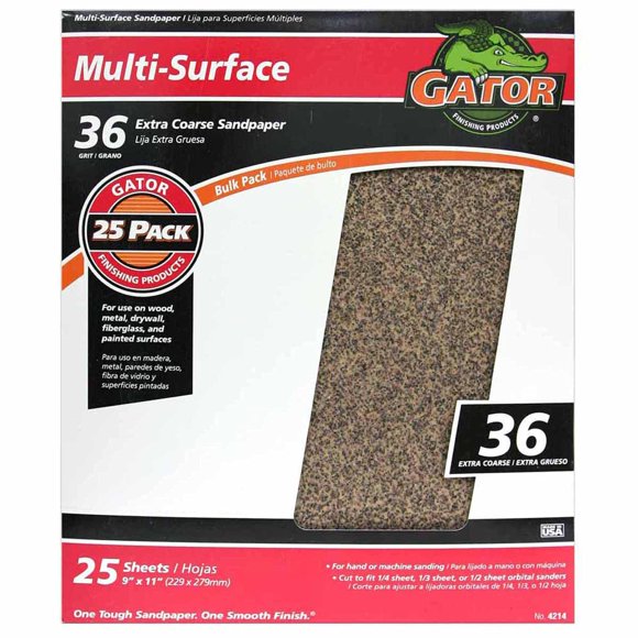 Hojas de lijado Gator, multisuperficie, grano 36, 9 x 11 pulgadas, paquete de 25