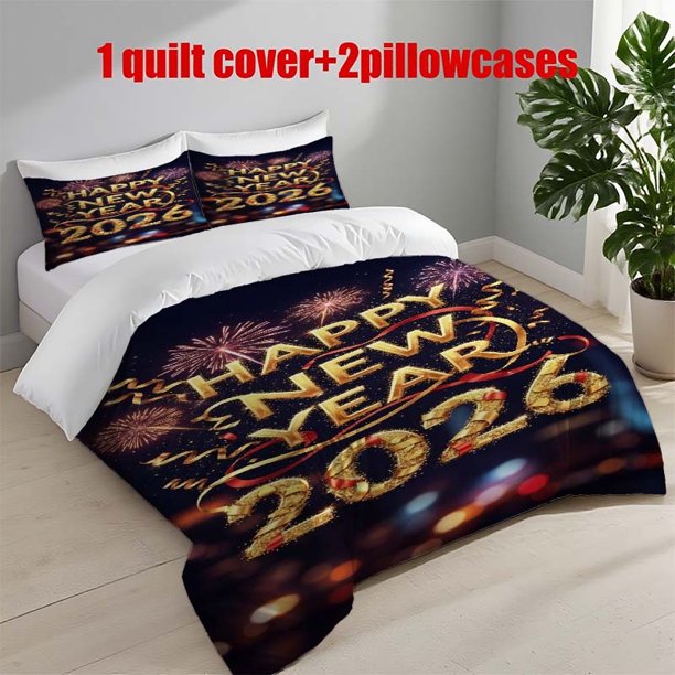 3pcs 2026 Happy New Year Celebration Poster Themed Bedding Set | 1 Duvet Cover + 2 Pillowcases Polyester