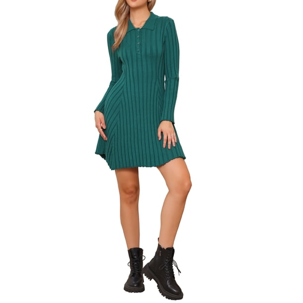 INSPIRE CHIC Vestido Suéter Plisado para Mujer Casual de Manga Larga Camiseta de Punto S Verde Oscuro