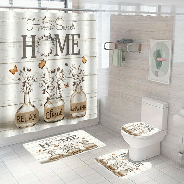 4pcs/set Non-Slip Butterfly Shower Curtain Set with 12 Hooks, Toilet Lid Cover Pad, and Toilet Rug - 71x71 Inches - Elegant Bathroom Decor